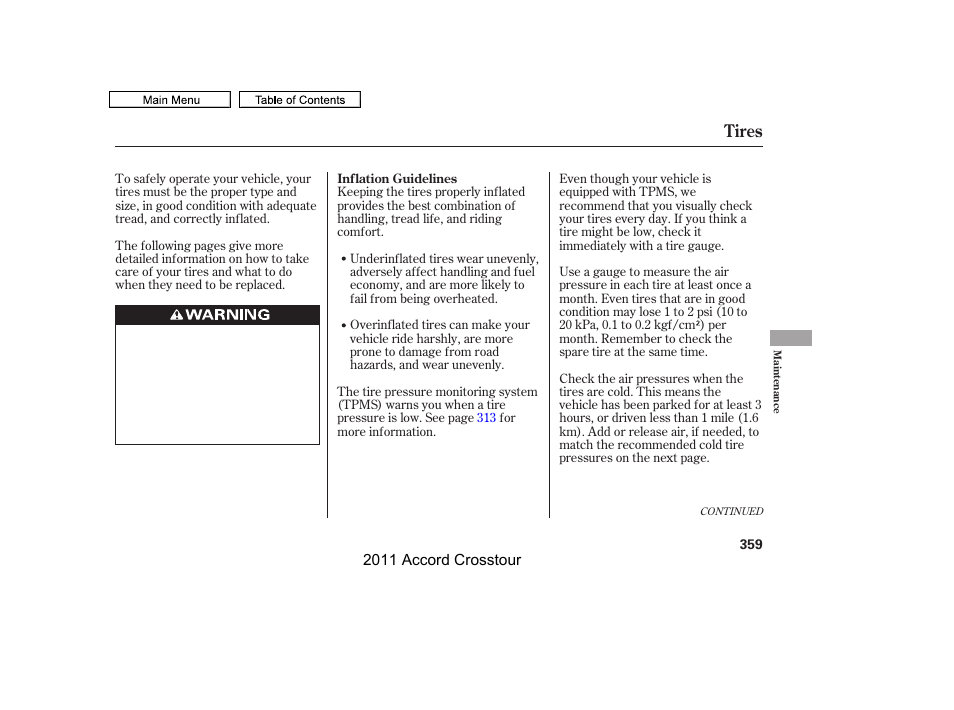 Tires | HONDA 2011 Accord Crosstour User Manual | Page 362 / 434