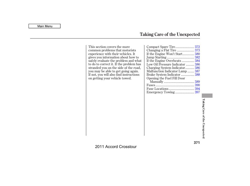 Taking care of the unexpected | HONDA 2011 Accord Crosstour User Manual | Page 374 / 434