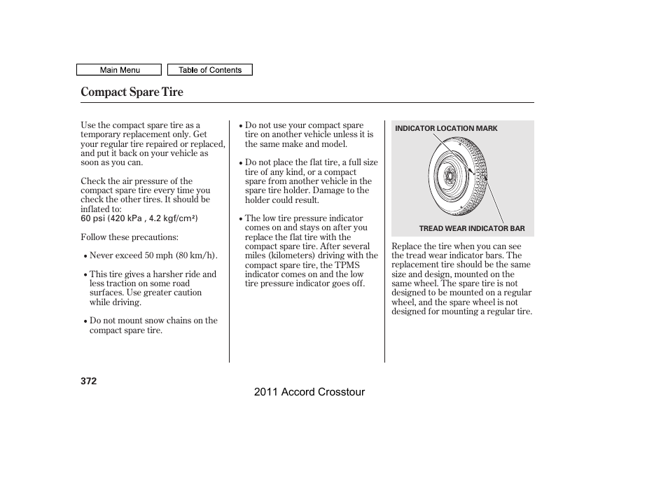 Compact spare tire | HONDA 2011 Accord Crosstour User Manual | Page 375 / 434