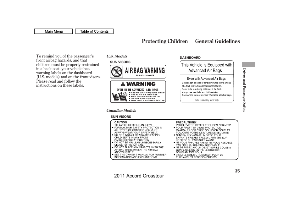 Protecting children general guidelines, 2011 accord crosstour | HONDA 2011 Accord Crosstour User Manual | Page 38 / 434