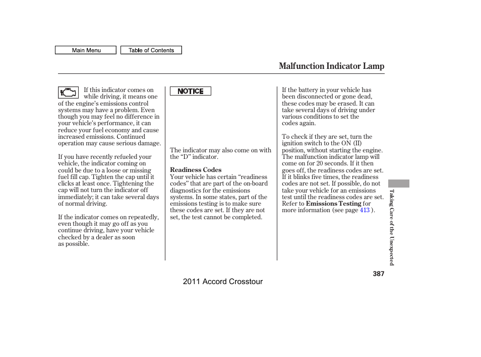 Malfunction indicator lamp, 2011 accord crosstour | HONDA 2011 Accord Crosstour User Manual | Page 390 / 434