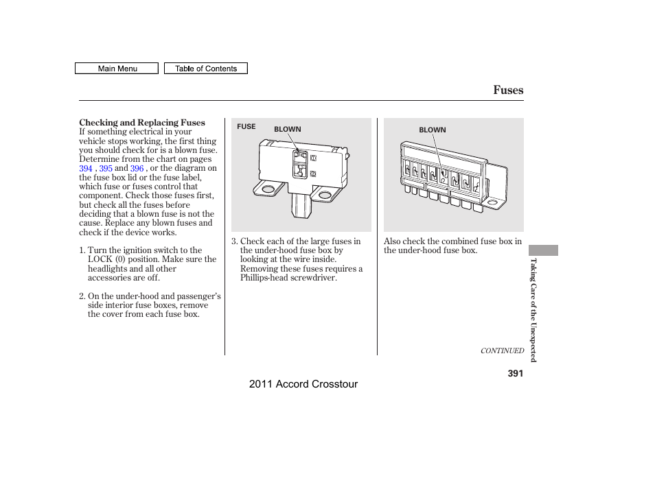 Fuses, 2011 accord crosstour | HONDA 2011 Accord Crosstour User Manual | Page 394 / 434