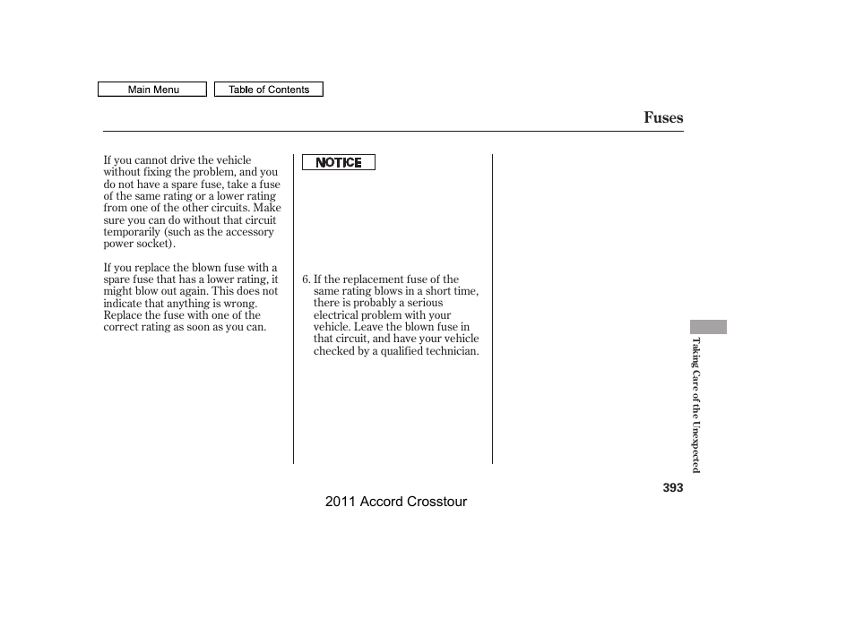 Fuses, 2011 accord crosstour | HONDA 2011 Accord Crosstour User Manual | Page 396 / 434