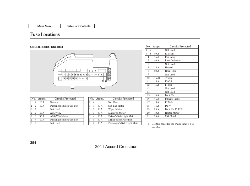 Fuse locations, 2011 accord crosstour | HONDA 2011 Accord Crosstour User Manual | Page 397 / 434