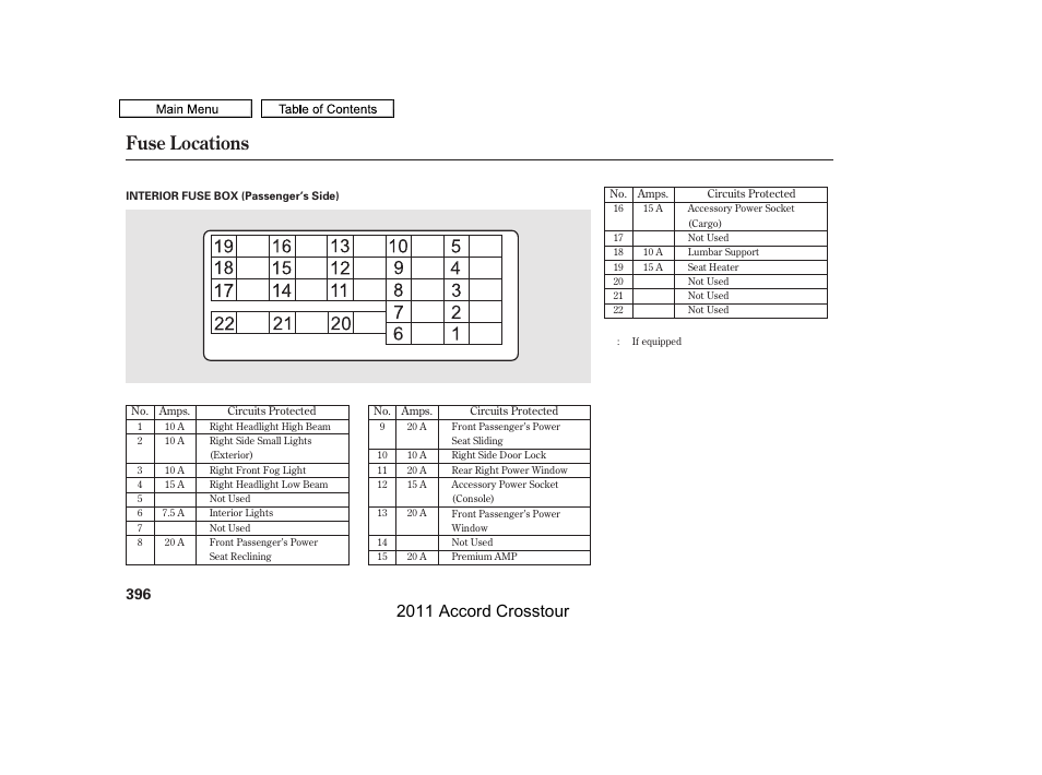 Fuse locations, 2011 accord crosstour | HONDA 2011 Accord Crosstour User Manual | Page 399 / 434