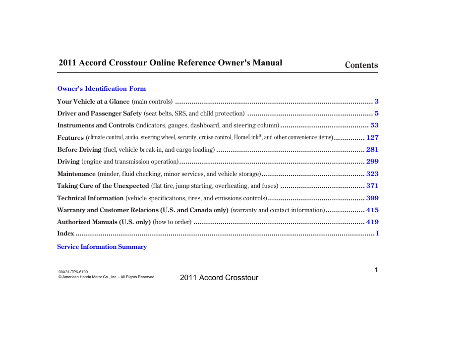 HONDA 2011 Accord Crosstour User Manual | Page 4 / 434