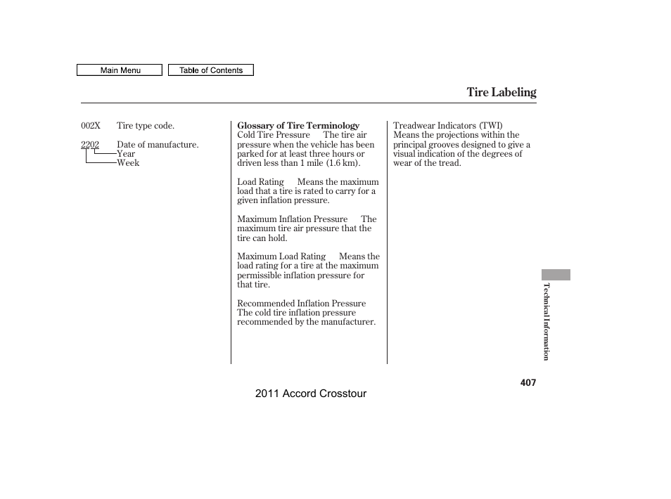 Tire labeling | HONDA 2011 Accord Crosstour User Manual | Page 410 / 434