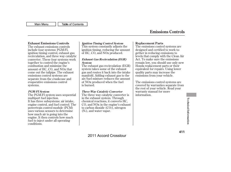 Emissions controls, 2011 accord crosstour | HONDA 2011 Accord Crosstour User Manual | Page 414 / 434