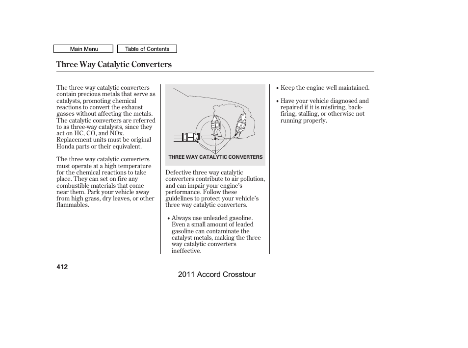 Three way catalytic converters | HONDA 2011 Accord Crosstour User Manual | Page 415 / 434