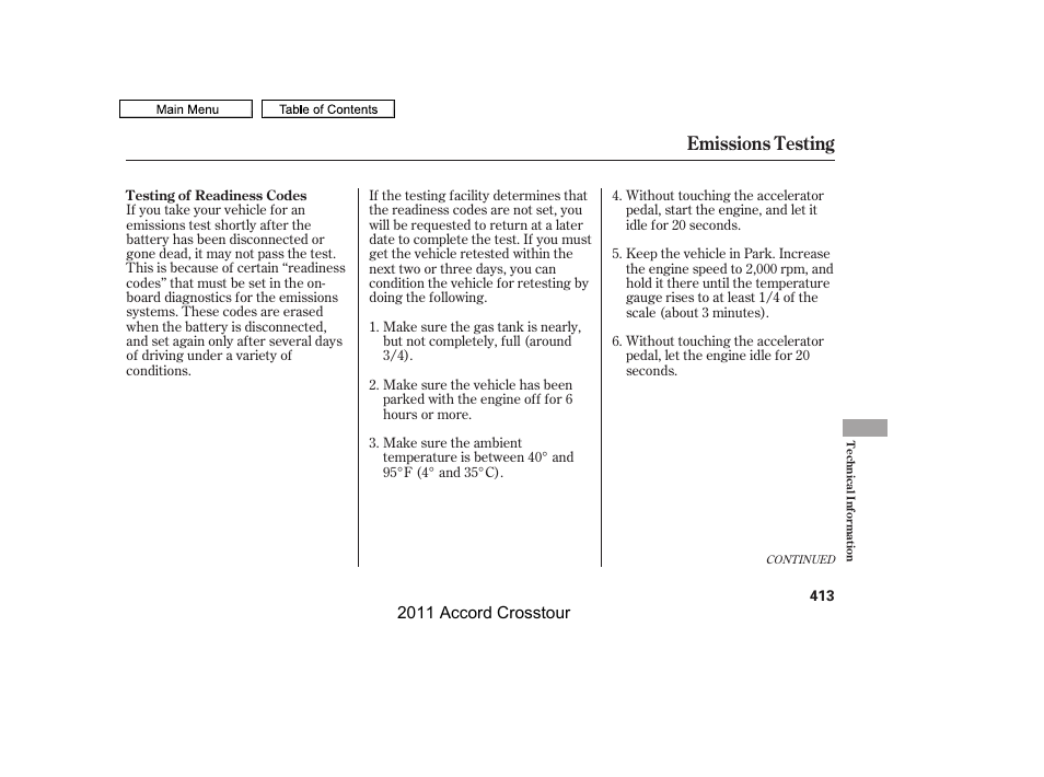 Emissions testing | HONDA 2011 Accord Crosstour User Manual | Page 416 / 434