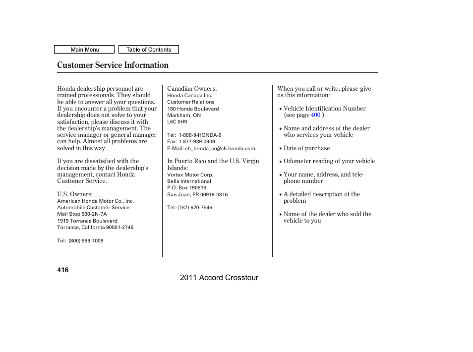 Customer service information | HONDA 2011 Accord Crosstour User Manual | Page 419 / 434