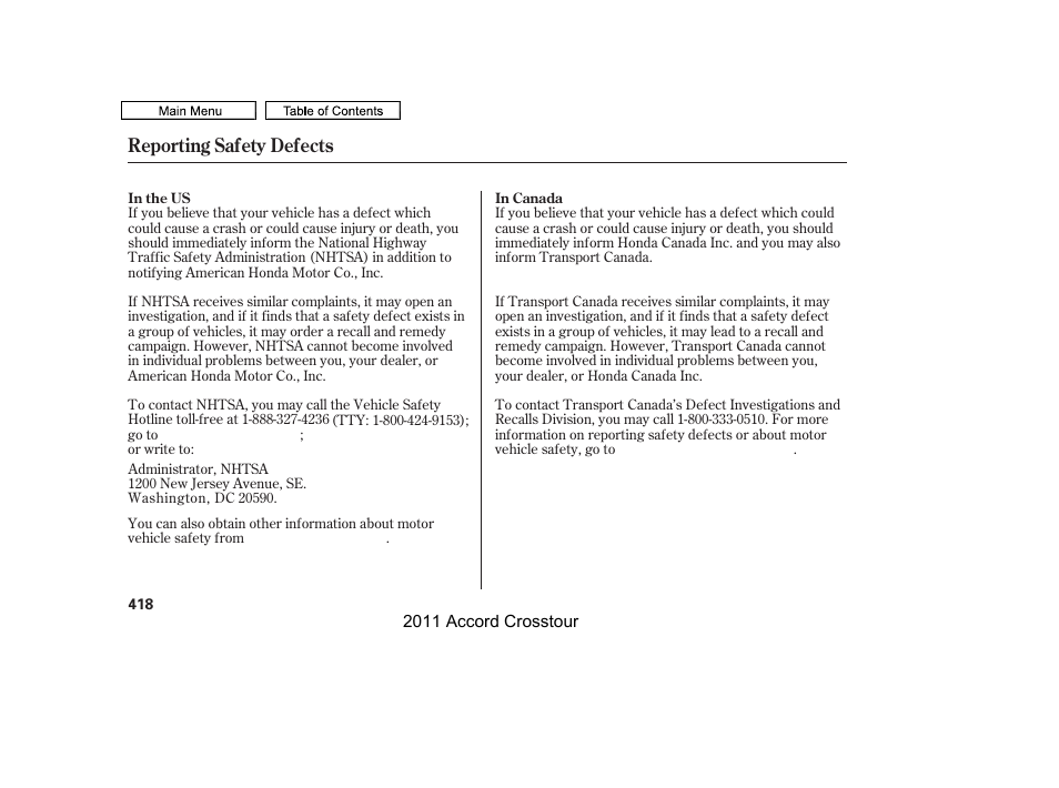 Reporting safety defects | HONDA 2011 Accord Crosstour User Manual | Page 421 / 434