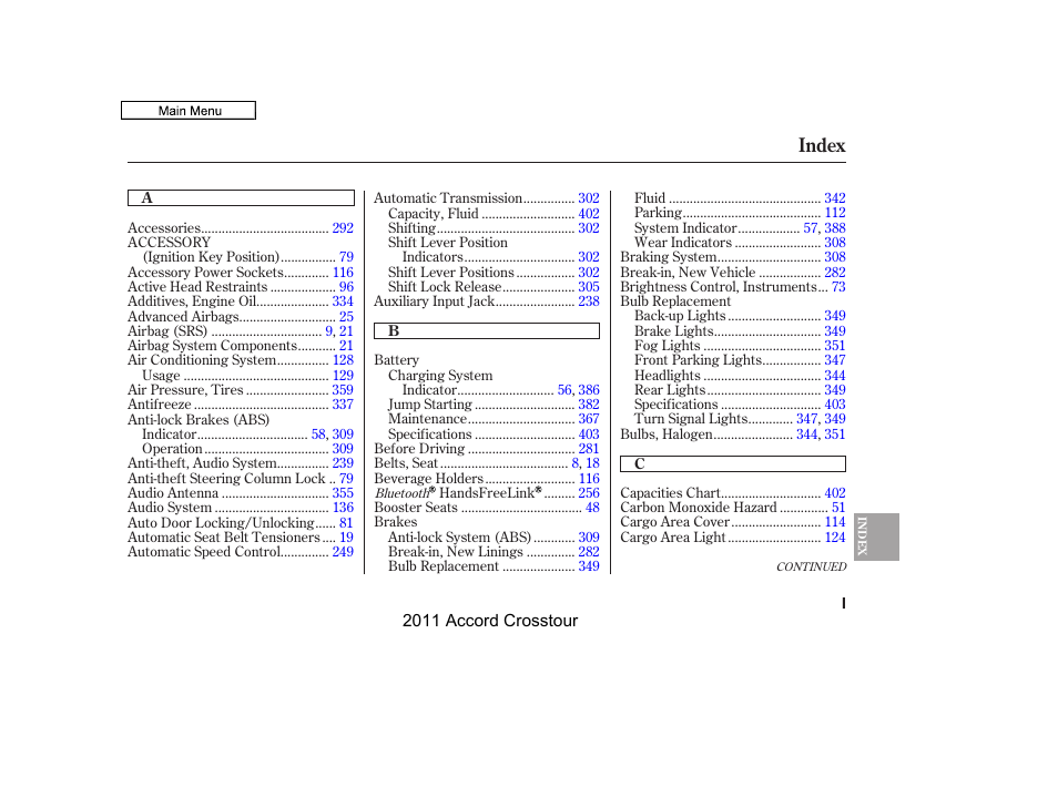 Index | HONDA 2011 Accord Crosstour User Manual | Page 423 / 434