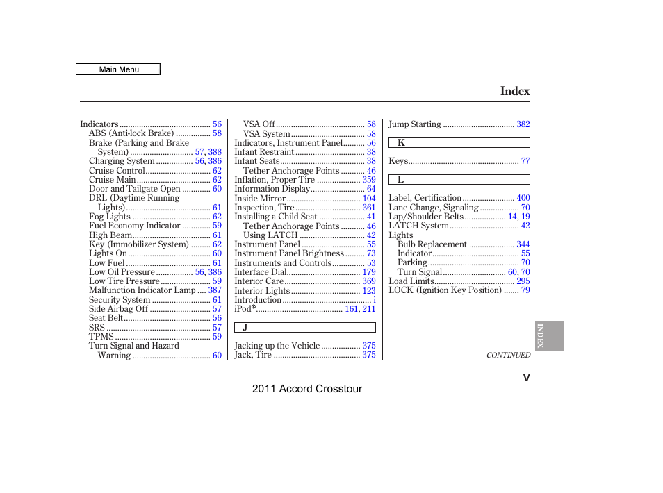 Index | HONDA 2011 Accord Crosstour User Manual | Page 427 / 434