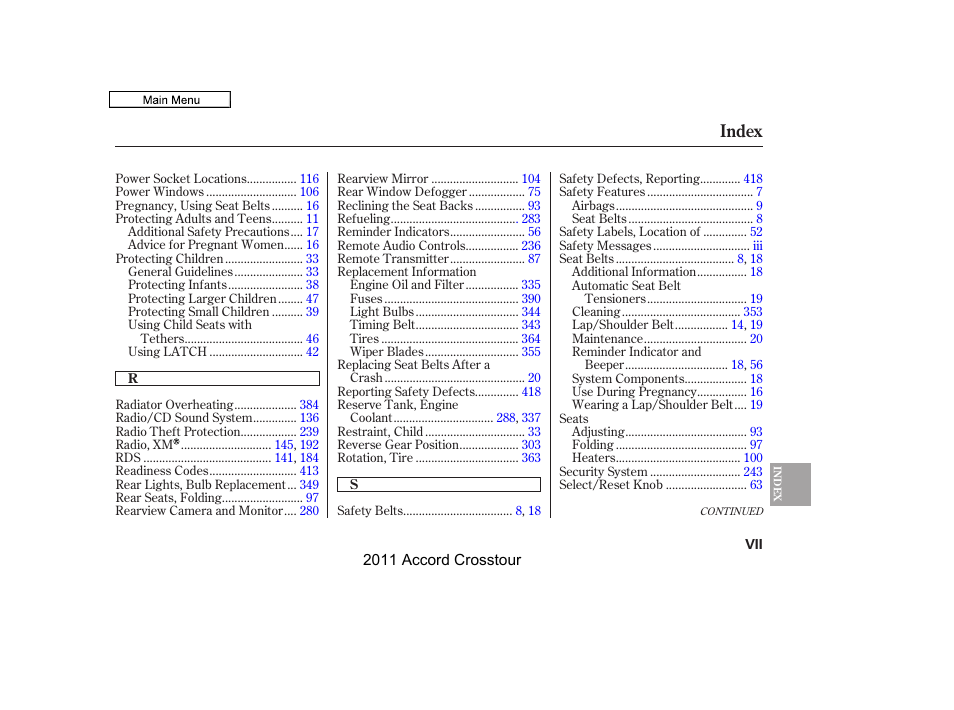 Index | HONDA 2011 Accord Crosstour User Manual | Page 429 / 434