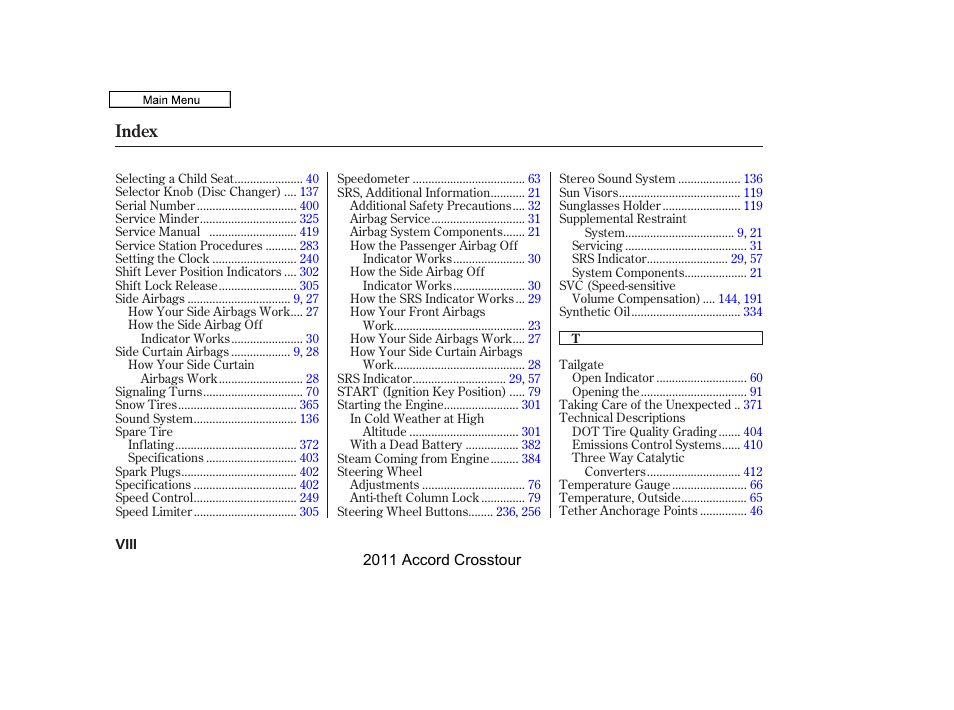 Index | HONDA 2011 Accord Crosstour User Manual | Page 430 / 434