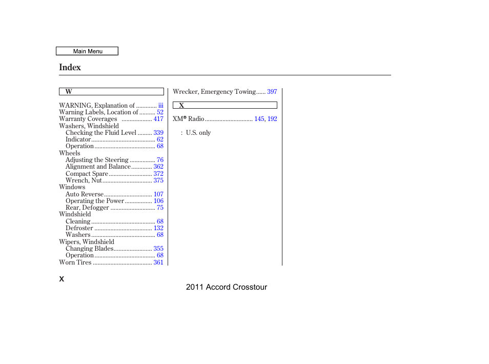 Index | HONDA 2011 Accord Crosstour User Manual | Page 432 / 434