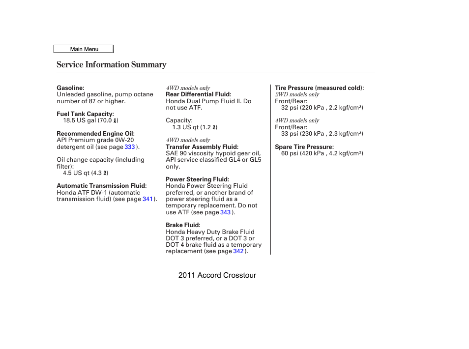 Service inf ormation summary, Service information summary | HONDA 2011 Accord Crosstour User Manual | Page 433 / 434