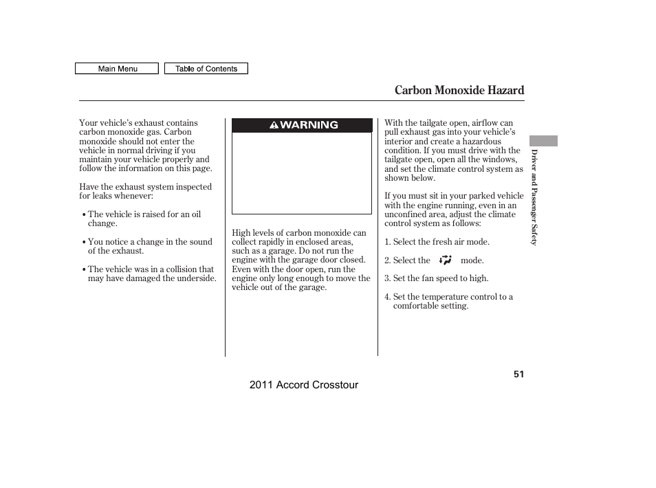 Carbon monoxide hazard | HONDA 2011 Accord Crosstour User Manual | Page 54 / 434