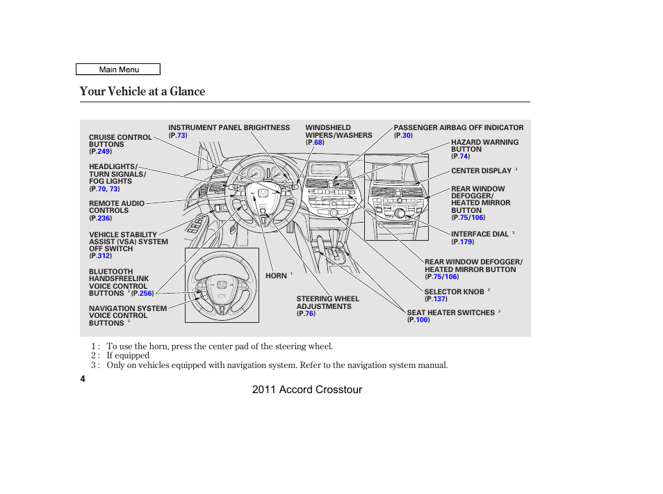 Your vehicle at a glance, 2011 accord crosstour | HONDA 2011 Accord Crosstour User Manual | Page 7 / 434