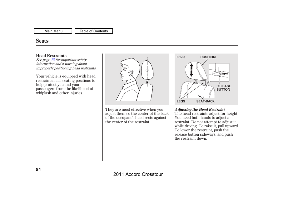 Seats | HONDA 2011 Accord Crosstour User Manual | Page 97 / 434