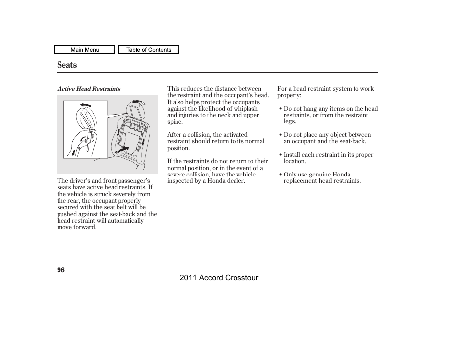 Seats | HONDA 2011 Accord Crosstour User Manual | Page 99 / 434