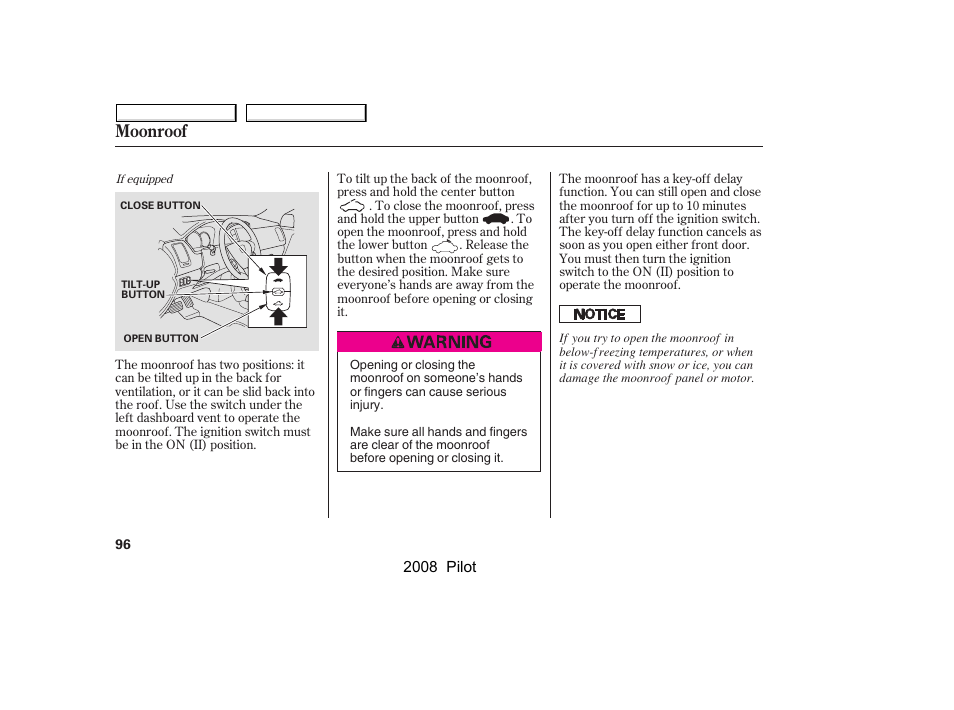 Moonroof | HONDA 2008 Pilot User Manual | Page 100 / 329