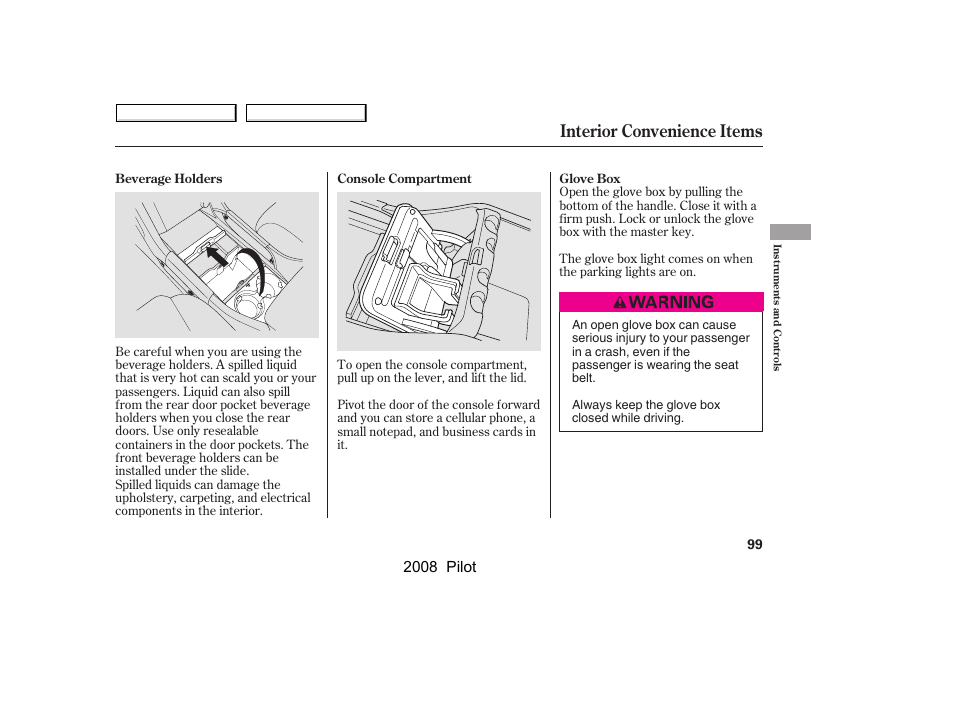 Interior convenience items, 2008 pilot | HONDA 2008 Pilot User Manual | Page 103 / 329