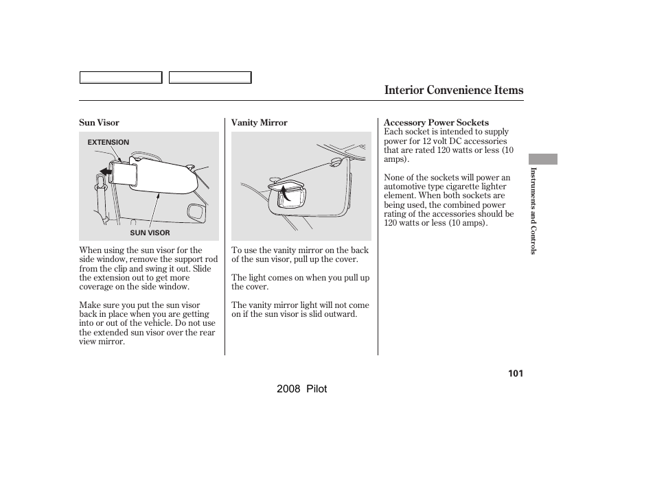 Interior convenience items, 2008 pilot | HONDA 2008 Pilot User Manual | Page 105 / 329