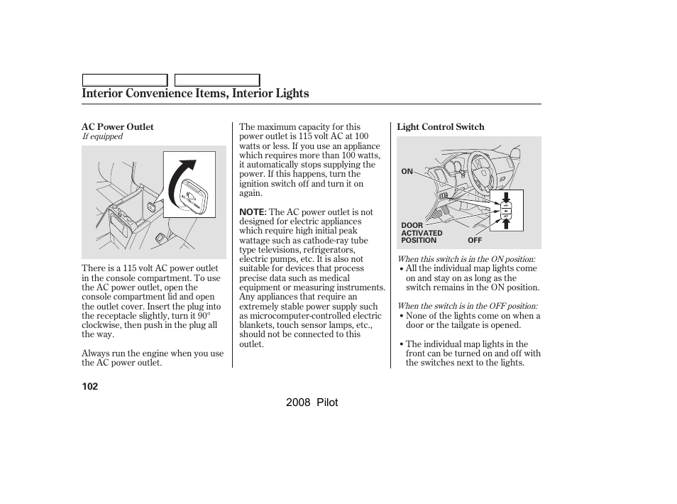 Interior convenience items, interior lights | HONDA 2008 Pilot User Manual | Page 106 / 329