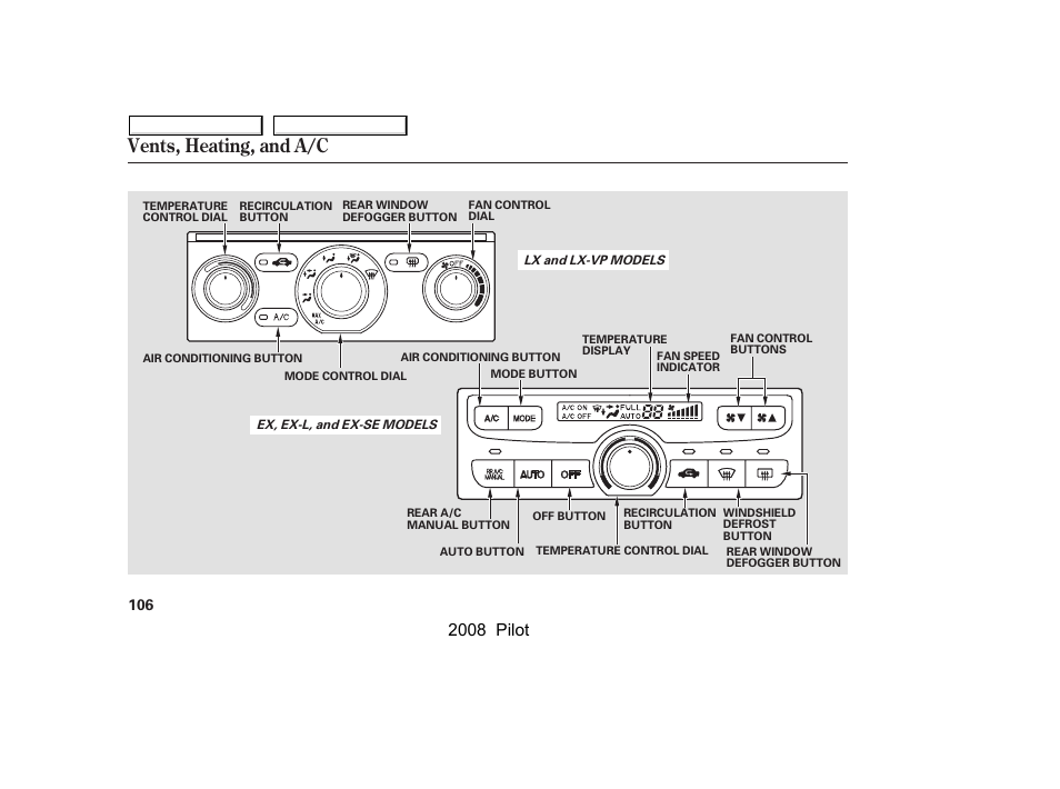 Vents, heating, and a/c, 2008 pilot | HONDA 2008 Pilot User Manual | Page 110 / 329