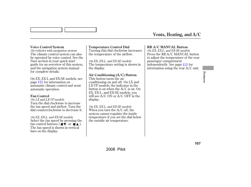 Vents, heating, and a/c | HONDA 2008 Pilot User Manual | Page 111 / 329