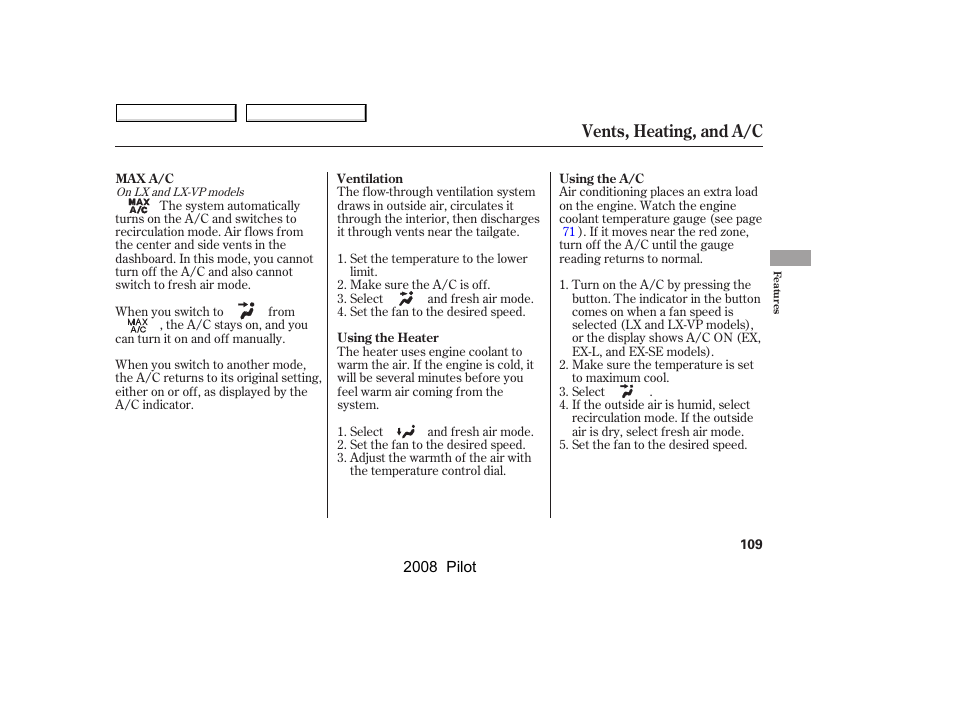 Vents, heating, and a/c | HONDA 2008 Pilot User Manual | Page 113 / 329