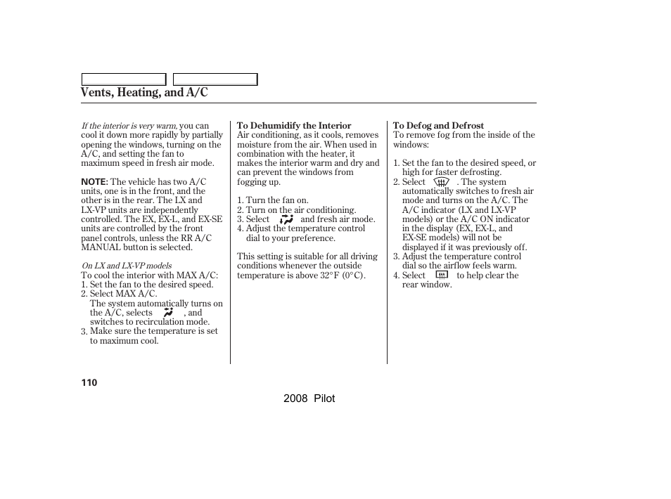 Vents, heating, and a/c | HONDA 2008 Pilot User Manual | Page 114 / 329