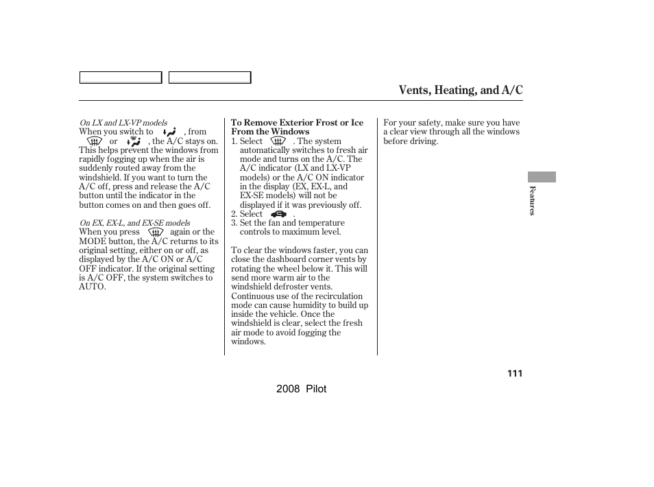 Vents, heating, and a/c | HONDA 2008 Pilot User Manual | Page 115 / 329