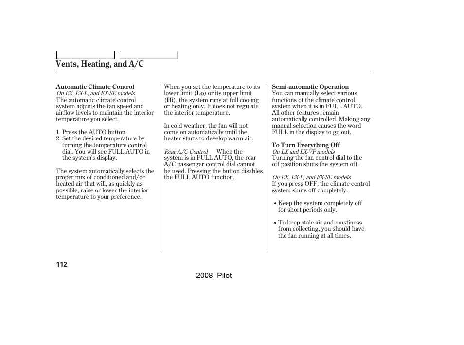 Vents, heating, and a/c | HONDA 2008 Pilot User Manual | Page 116 / 329