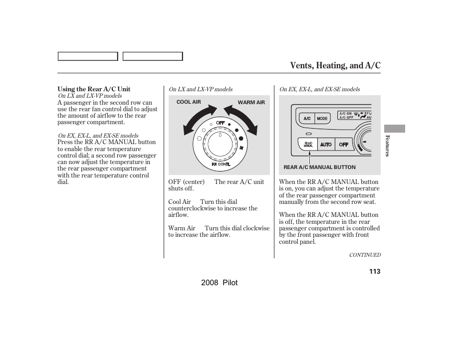 Vents, heating, and a/c, 2008 pilot | HONDA 2008 Pilot User Manual | Page 117 / 329