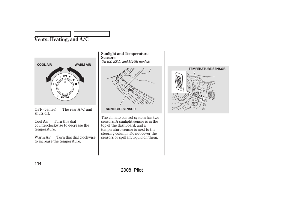 Vents, heating, and a/c | HONDA 2008 Pilot User Manual | Page 118 / 329