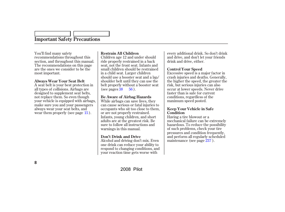 Important safety precautions | HONDA 2008 Pilot User Manual | Page 12 / 329