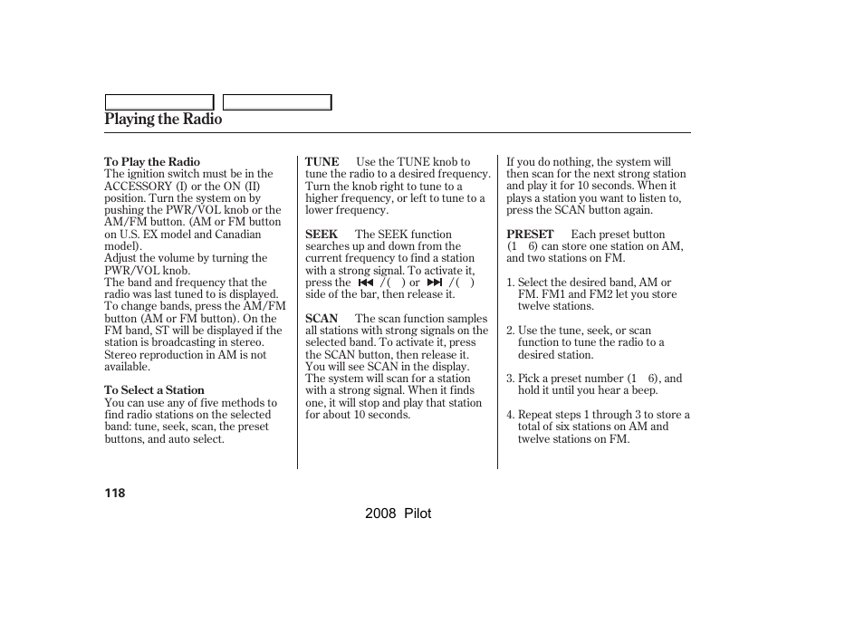 Playing the radio | HONDA 2008 Pilot User Manual | Page 122 / 329