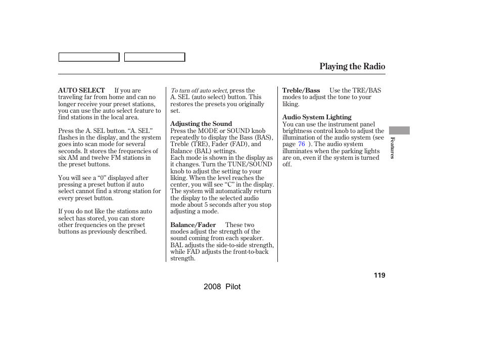 Playing the radio | HONDA 2008 Pilot User Manual | Page 123 / 329