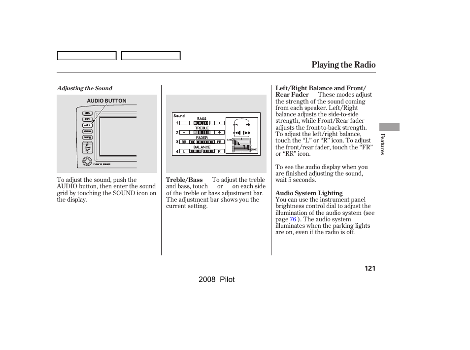 Playing the radio | HONDA 2008 Pilot User Manual | Page 125 / 329