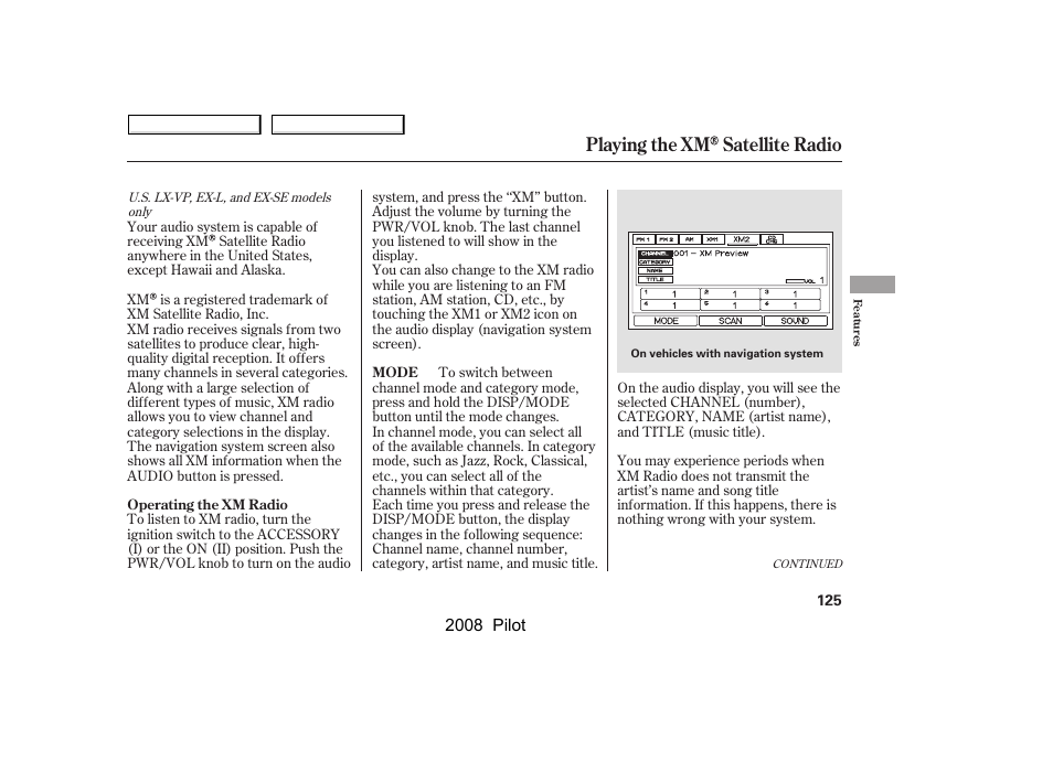 Playing the xm satellite radio | HONDA 2008 Pilot User Manual | Page 129 / 329