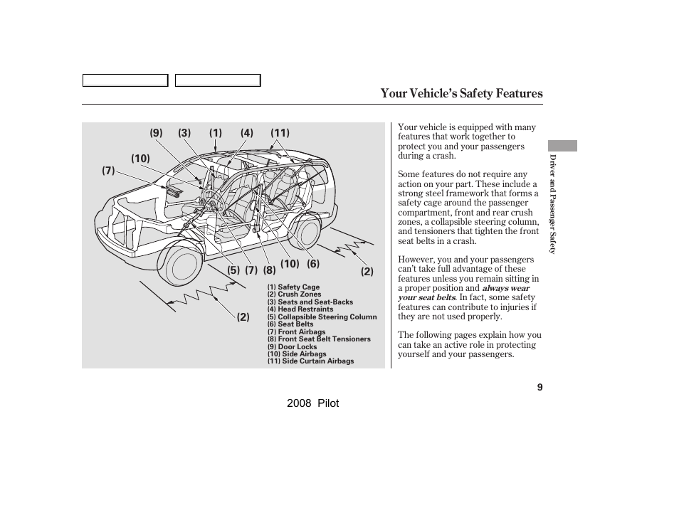 Your vehicle’s safety features | HONDA 2008 Pilot User Manual | Page 13 / 329