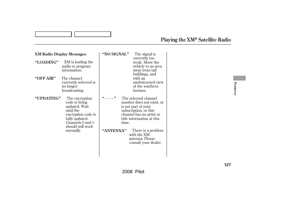 Playing the xm satellite radio | HONDA 2008 Pilot User Manual | Page 131 / 329