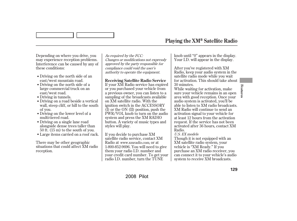 Playing the xm satellite radio | HONDA 2008 Pilot User Manual | Page 133 / 329