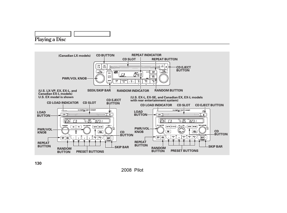 Playing a disc, 2008 pilot | HONDA 2008 Pilot User Manual | Page 134 / 329