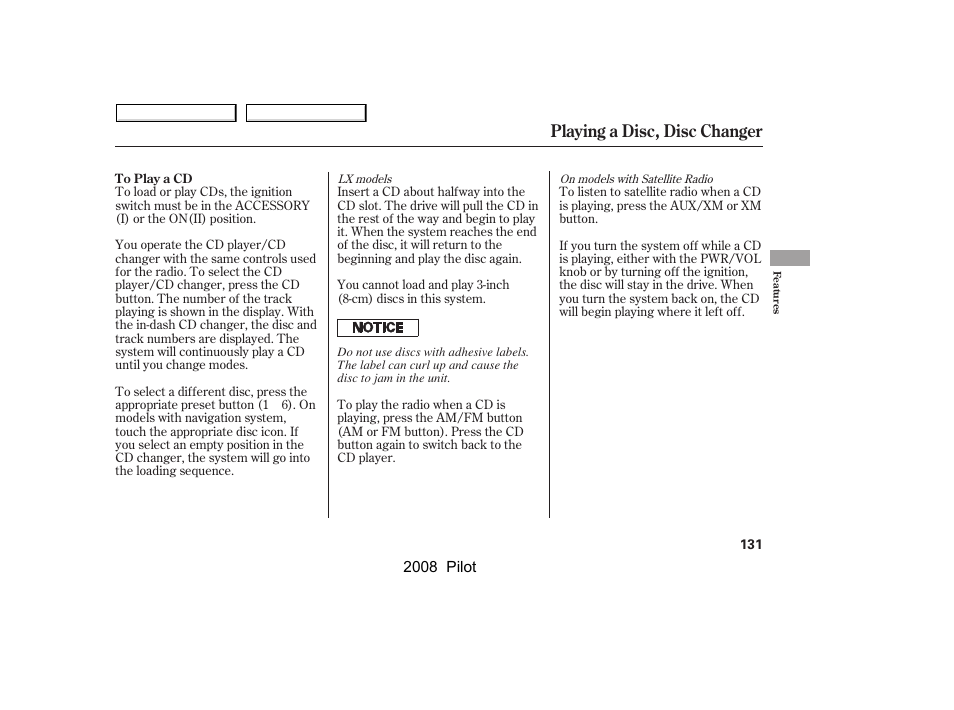 Playing a disc, disc changer | HONDA 2008 Pilot User Manual | Page 135 / 329