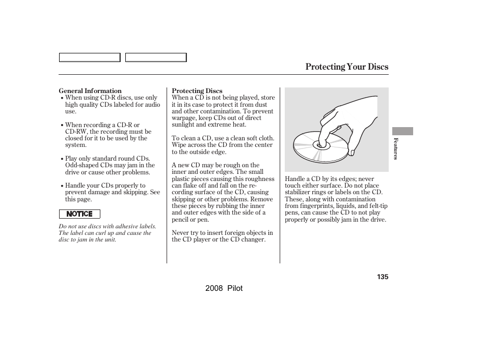 Protecting your discs | HONDA 2008 Pilot User Manual | Page 139 / 329