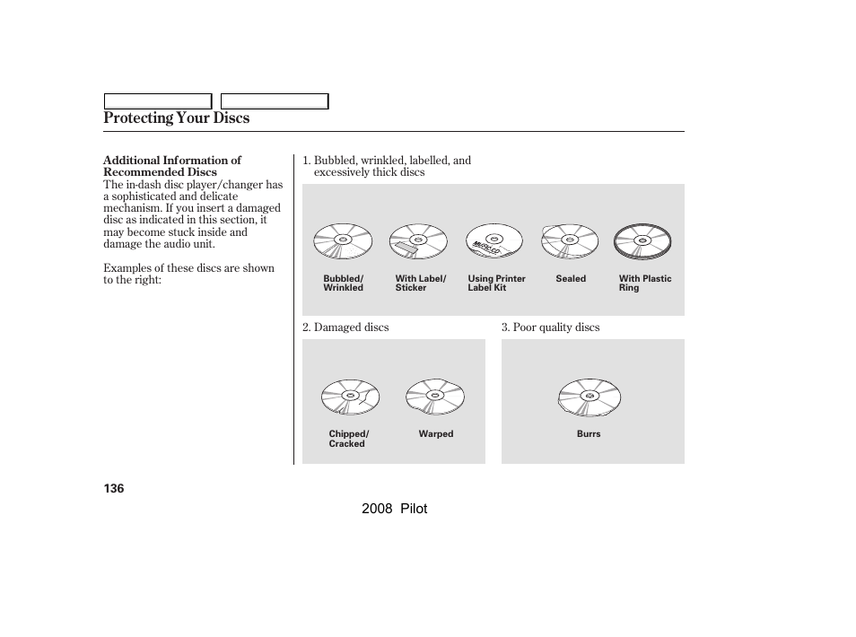 Protecting your discs, 2008 pilot | HONDA 2008 Pilot User Manual | Page 140 / 329